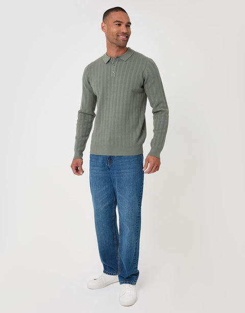 Threadbare Textured Cable Knit Polo Jumper in Sage - full body