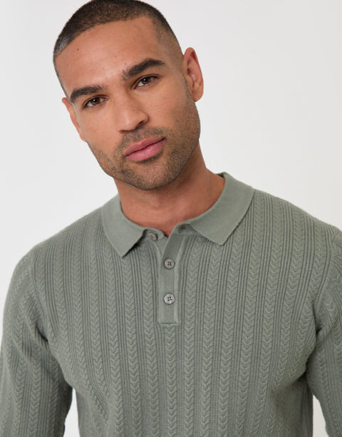 Threadbare Textured Cable Knit Polo Jumper in Sage - close up