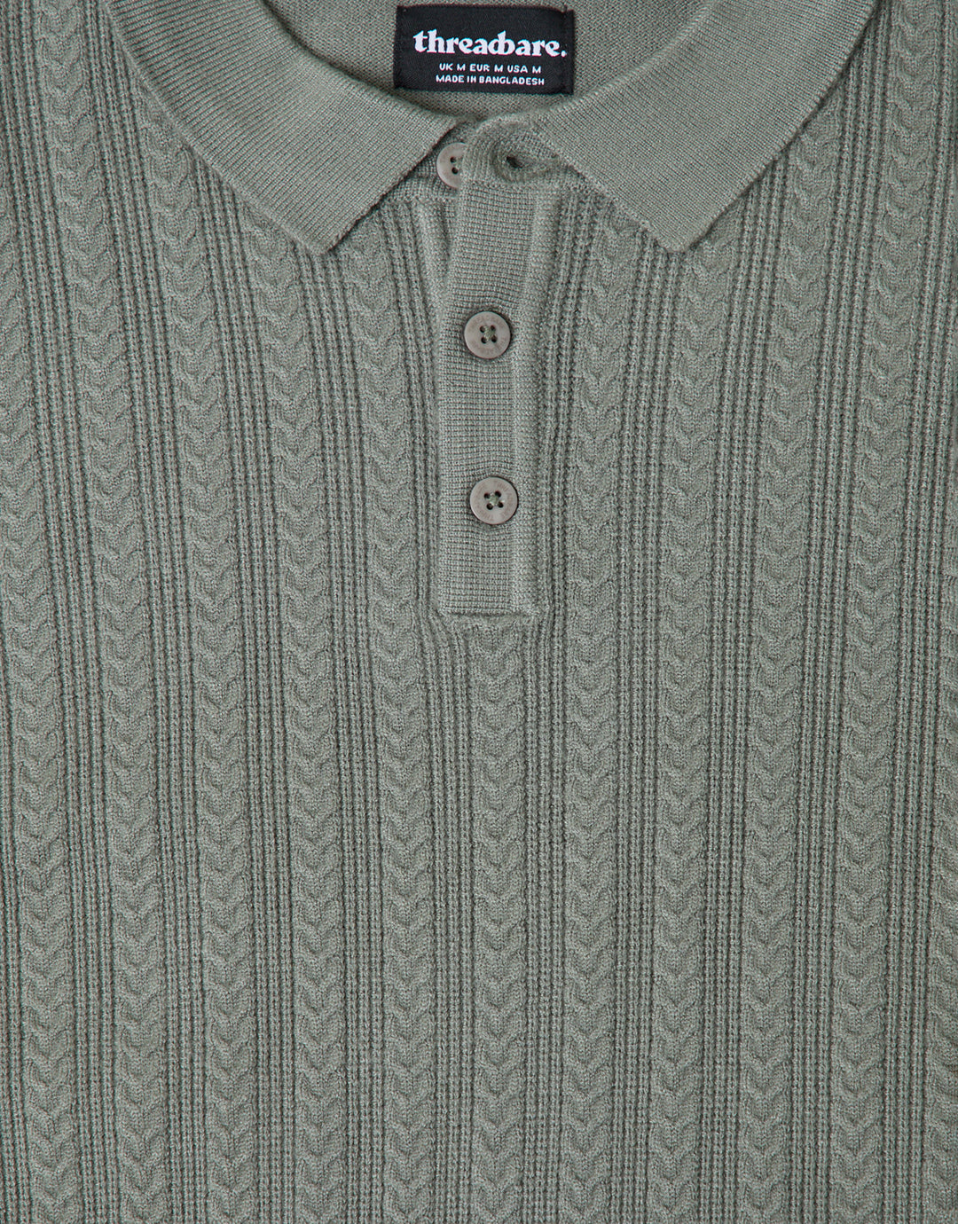 Threadbare Textured Cable Knit Polo Jumper in Sage - detail