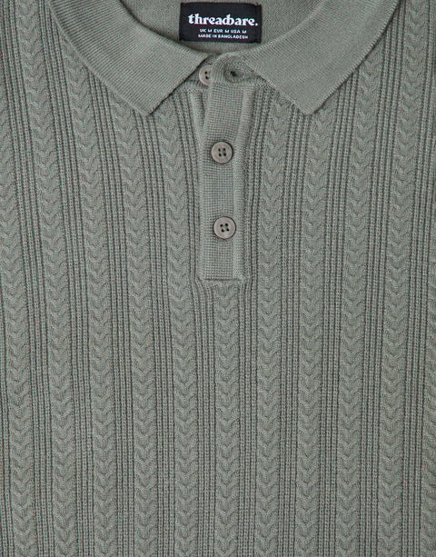 Threadbare Textured Cable Knit Polo Jumper in Sage - detail
