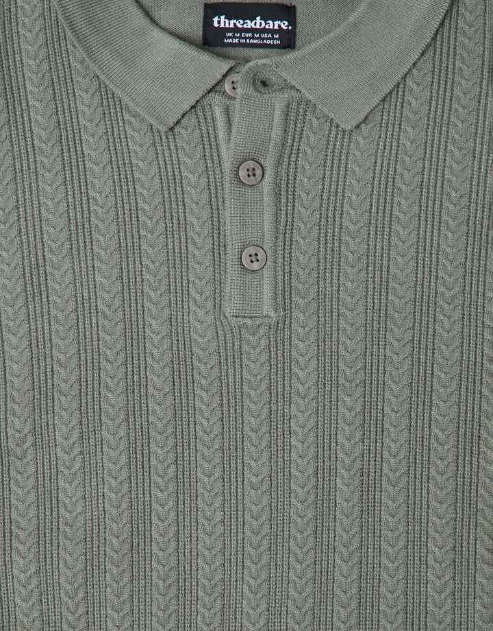Threadbare Textured Cable Knit Polo Jumper in Sage - detail