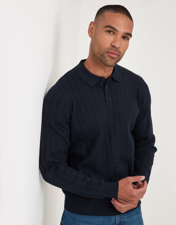 Threadbare Textured Cable Knit Polo Jumper in Navy - front view