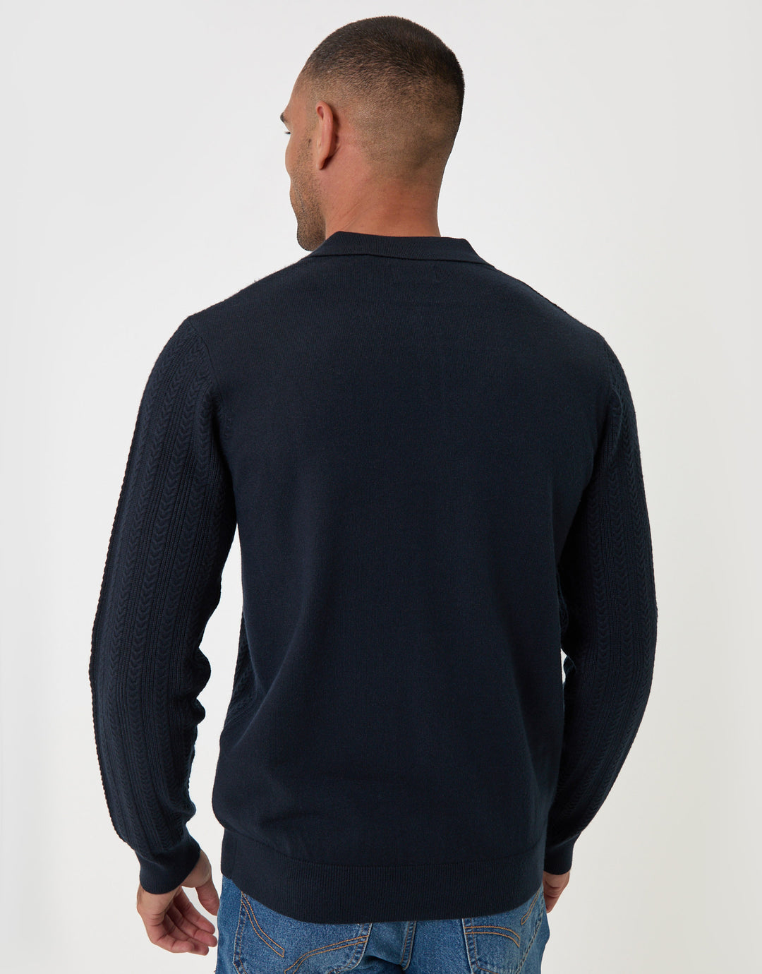 Threadbare Textured Cable Knit Polo Jumper in Navy - back view