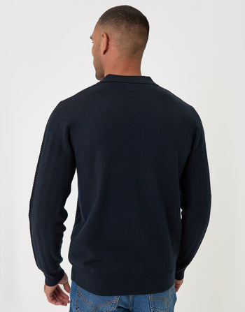 Threadbare Textured Cable Knit Polo Jumper in Navy - back view