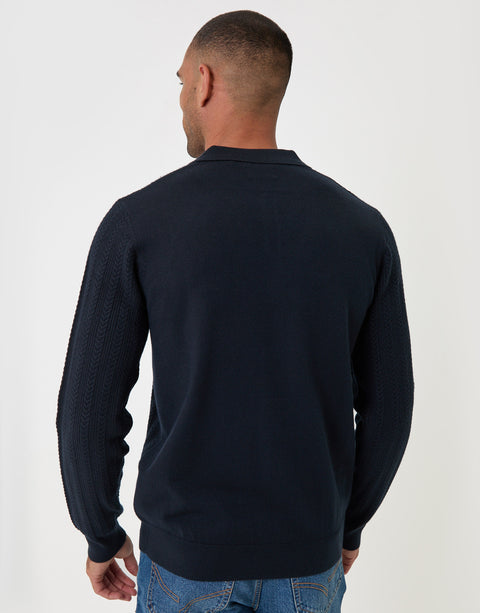 Threadbare Textured Cable Knit Polo Jumper in Navy - back view