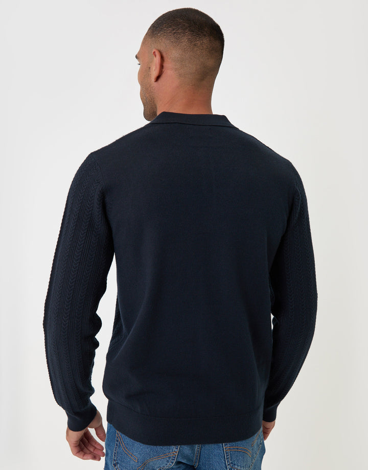 Threadbare Textured Cable Knit Polo Jumper in Navy - back view