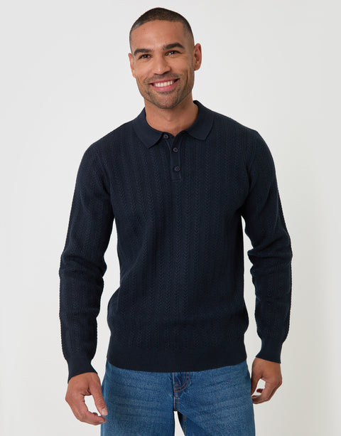 Threadbare Textured Cable Knit Polo Jumper in Navy - front view 2