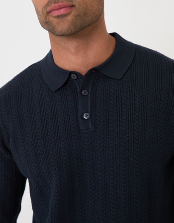 Threadbare Textured Cable Knit Polo Jumper in Navy - close up