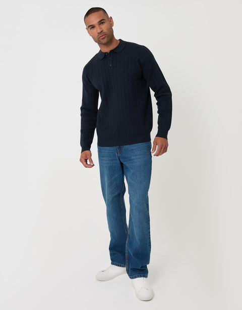 Threadbare Textured Cable Knit Polo Jumper in Navy - full body