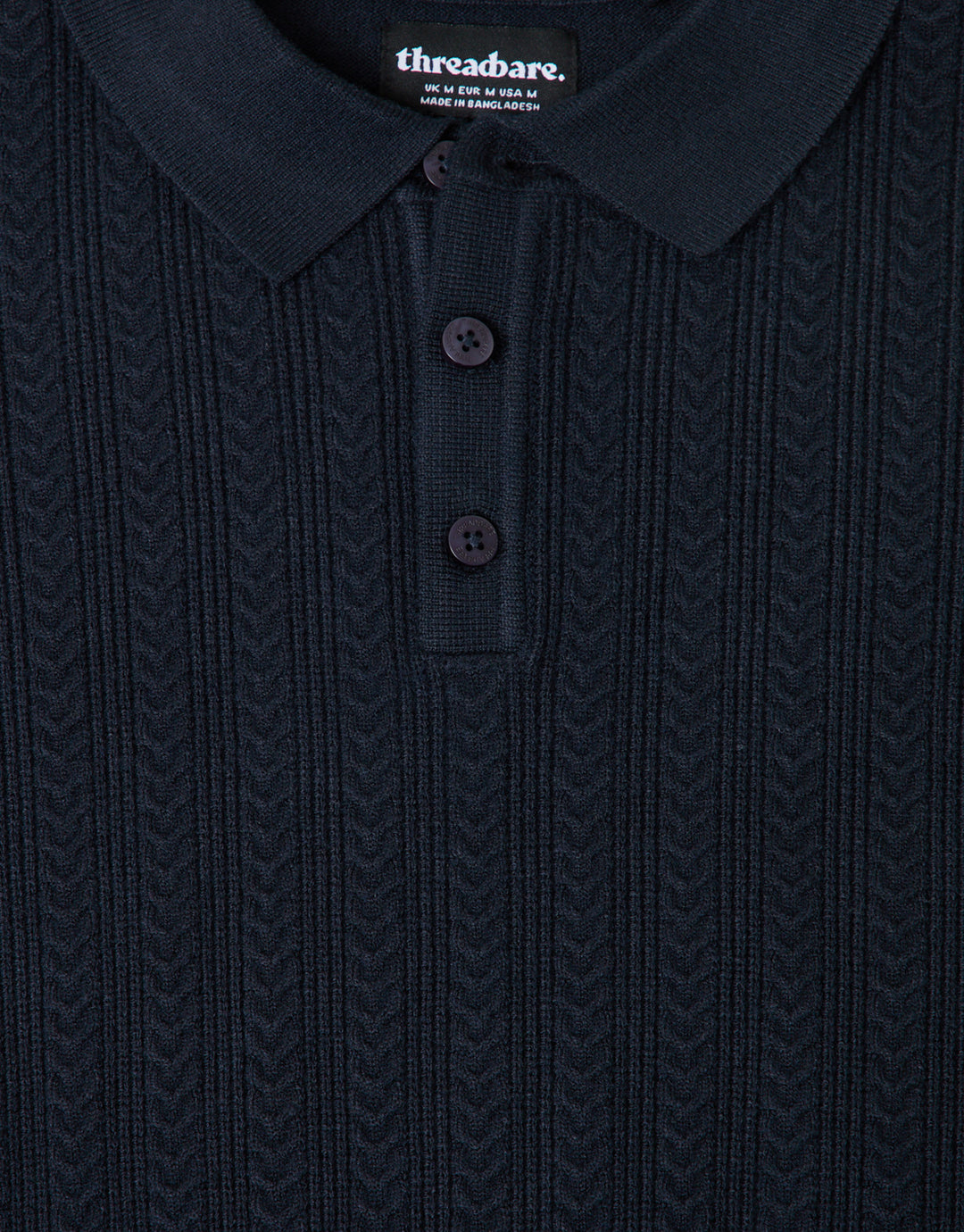 Threadbare Textured Cable Knit Polo Jumper in Navy - detail