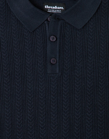 Threadbare Textured Cable Knit Polo Jumper in Navy - detail