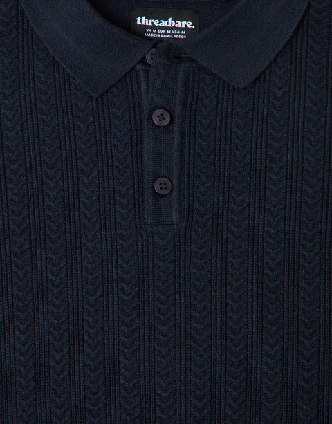 Threadbare Textured Cable Knit Polo Jumper in Navy - detail