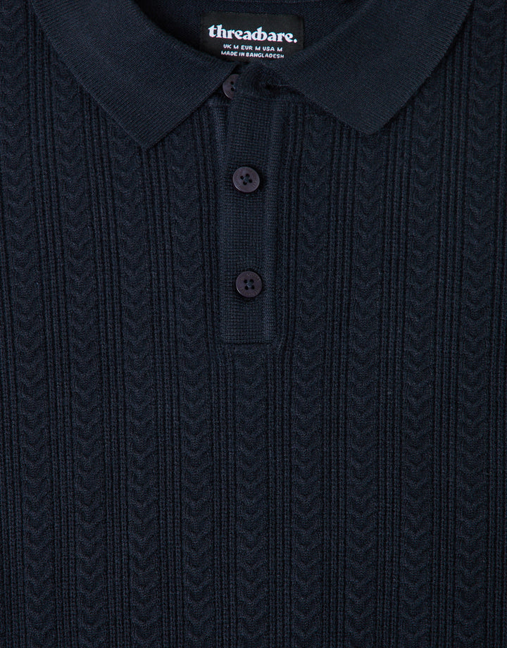 Threadbare Textured Cable Knit Polo Jumper in Navy - detail