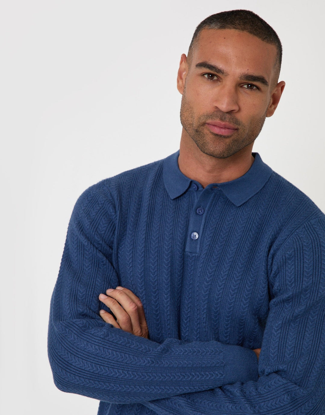 Threadbare Textured Cable Knit Polo Jumper in Denim Blue - front close up