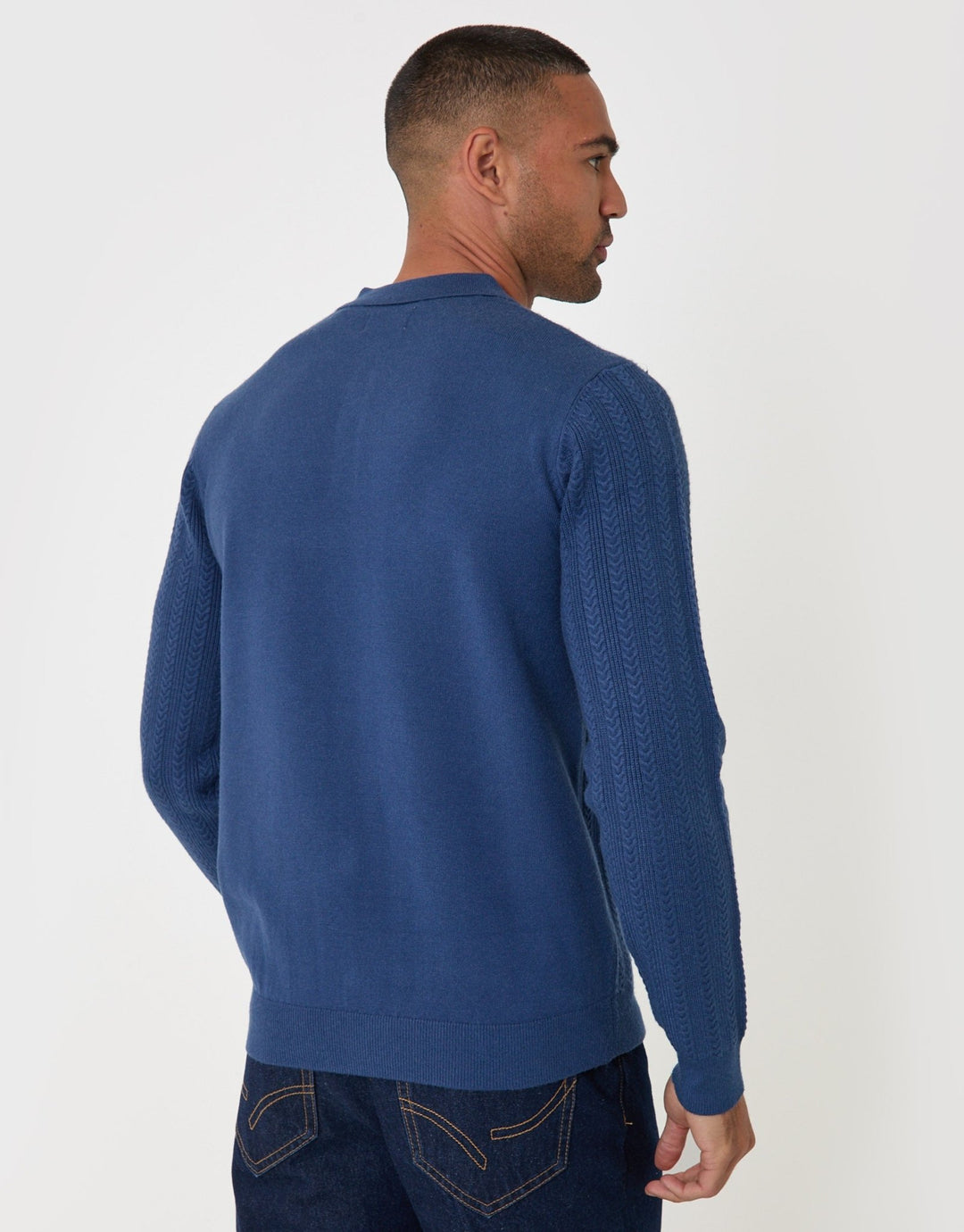 Threadbare Textured Cable Knit Polo Jumper in Denim Blue - back view