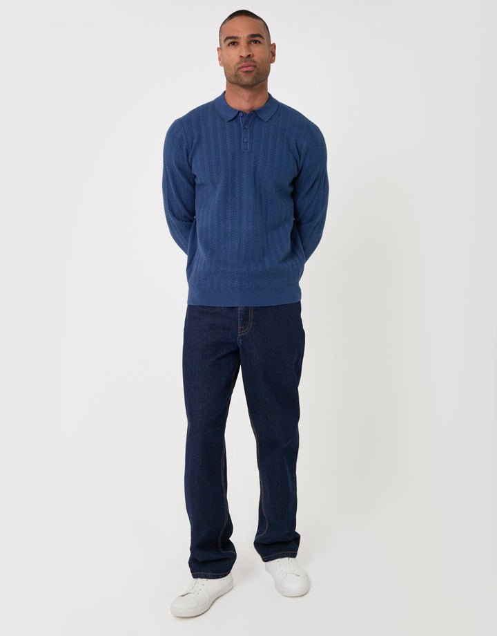 Threadbare Textured Cable Knit Polo Jumper in Denim Blue - full body