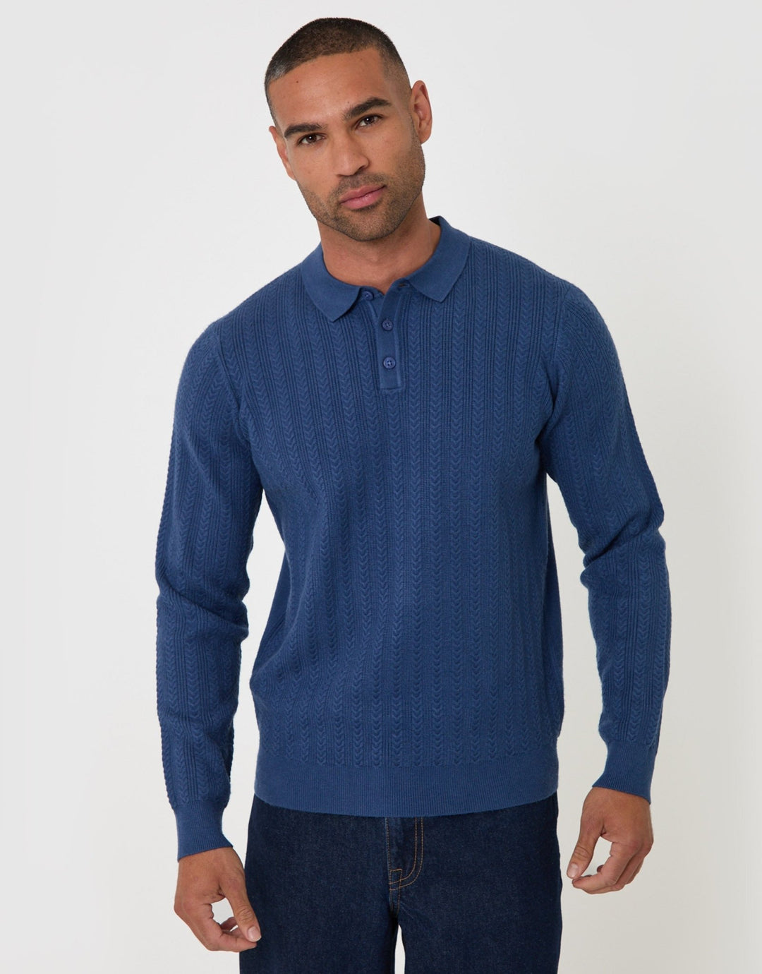 Threadbare Textured Cable Knit Polo Jumper in Denim Blue - front view