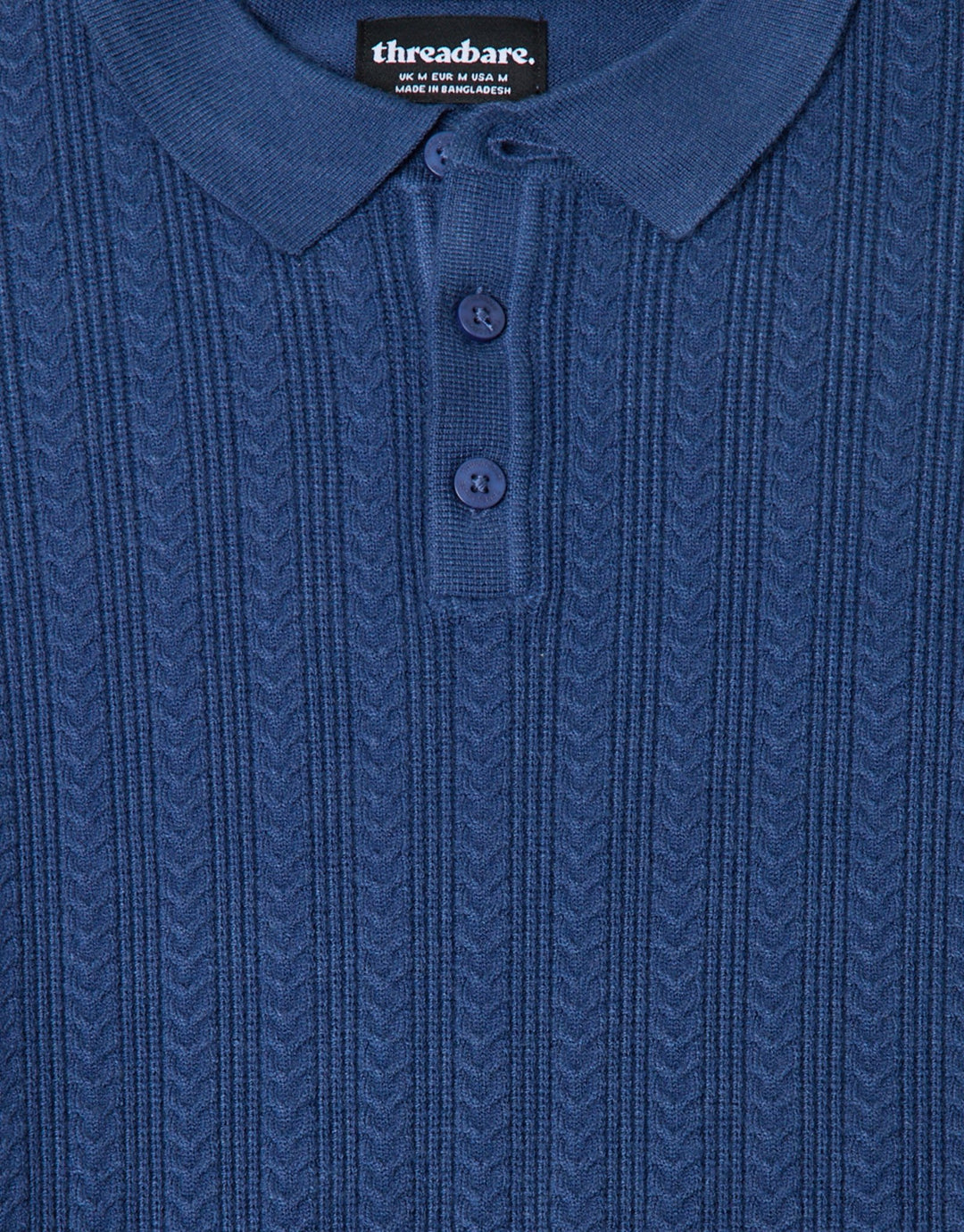 Threadbare Textured Cable Knit Polo Jumper in Denim Blue - detail