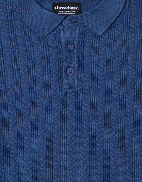 Threadbare Textured Cable Knit Polo Jumper in Denim Blue - detail