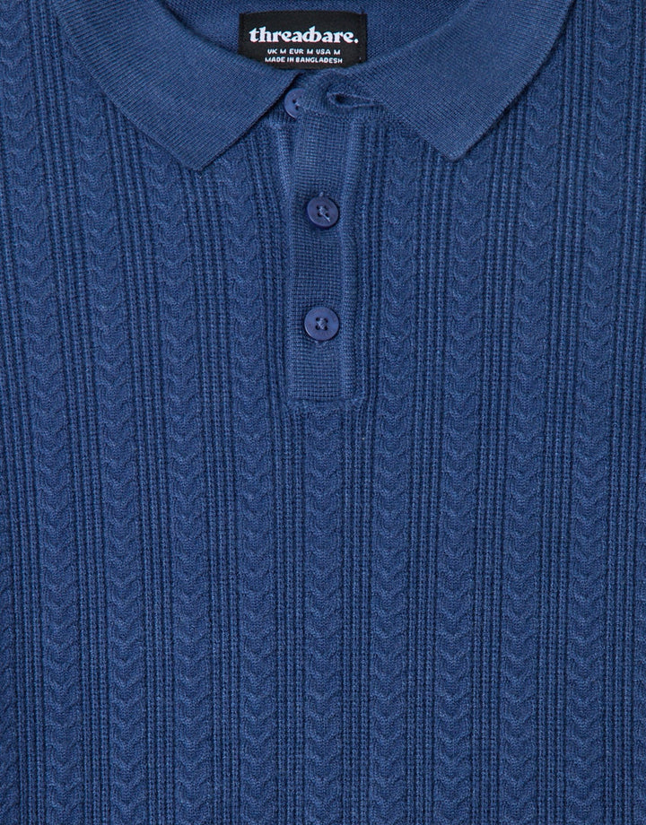 Threadbare Textured Cable Knit Polo Jumper in Denim Blue - detail