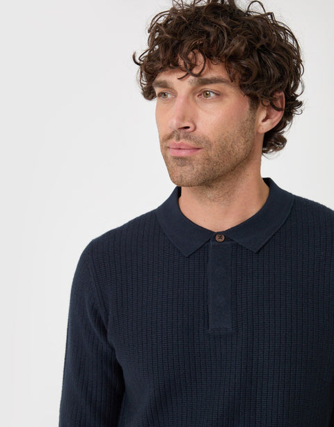 Threadbare Waffle Stitch Polo Button Jumper in Navy - close up