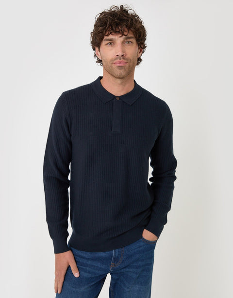 Threadbare Waffle Stitch Polo Button Jumper in Navy - front view