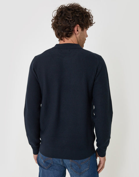 Threadbare Waffle Stitch Polo Button Jumper in Navy - back view