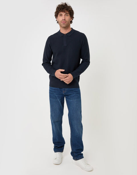 Threadbare Waffle Stitch Polo Button Jumper in Navy - full body
