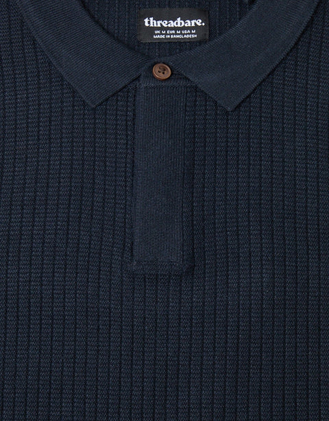 Threadbare Waffle Stitch Polo Button Jumper in Navy - detail