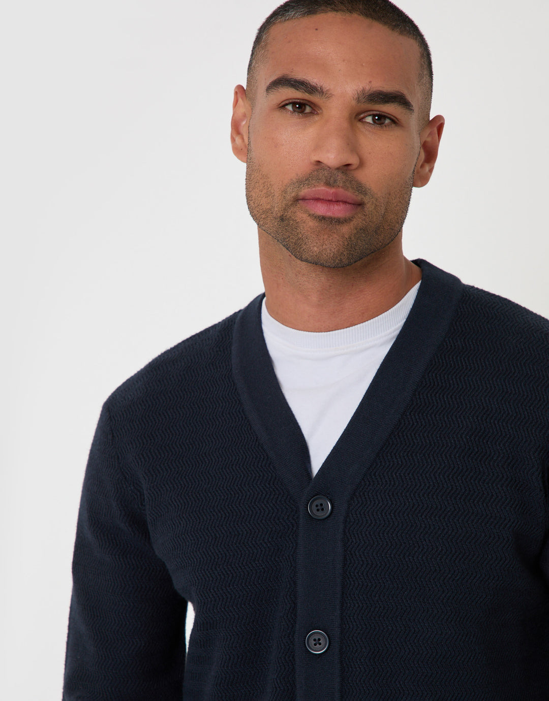 Zig Zag Knit V Neck Cardigan in Navy
