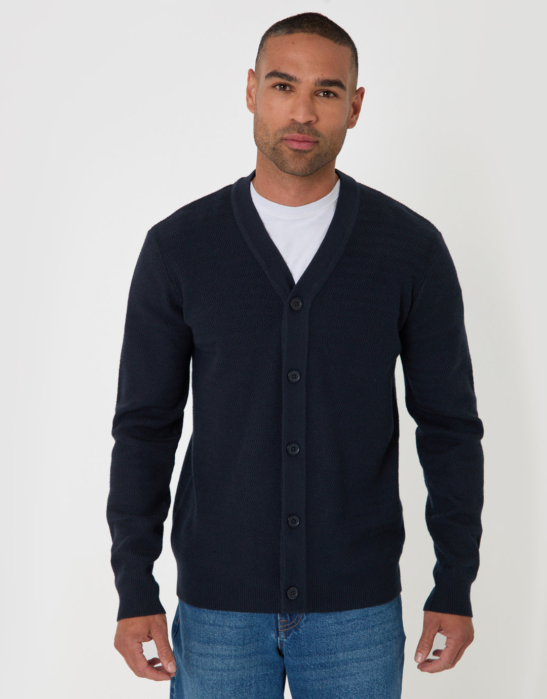 Zig Zag Knit V Neck Cardigan in Navy
