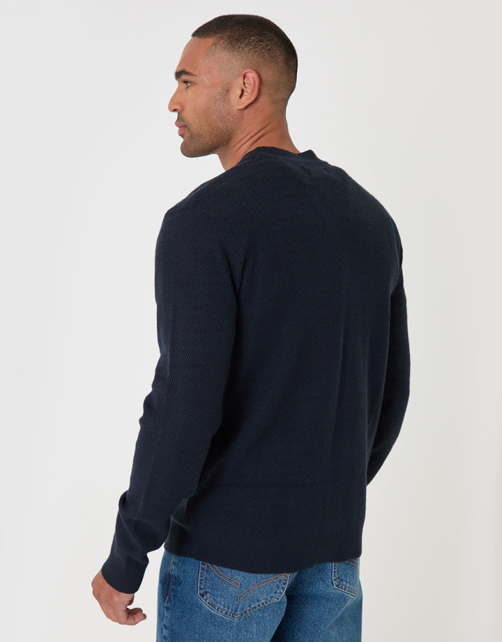 Zig Zag Knit V Neck Cardigan in Navy