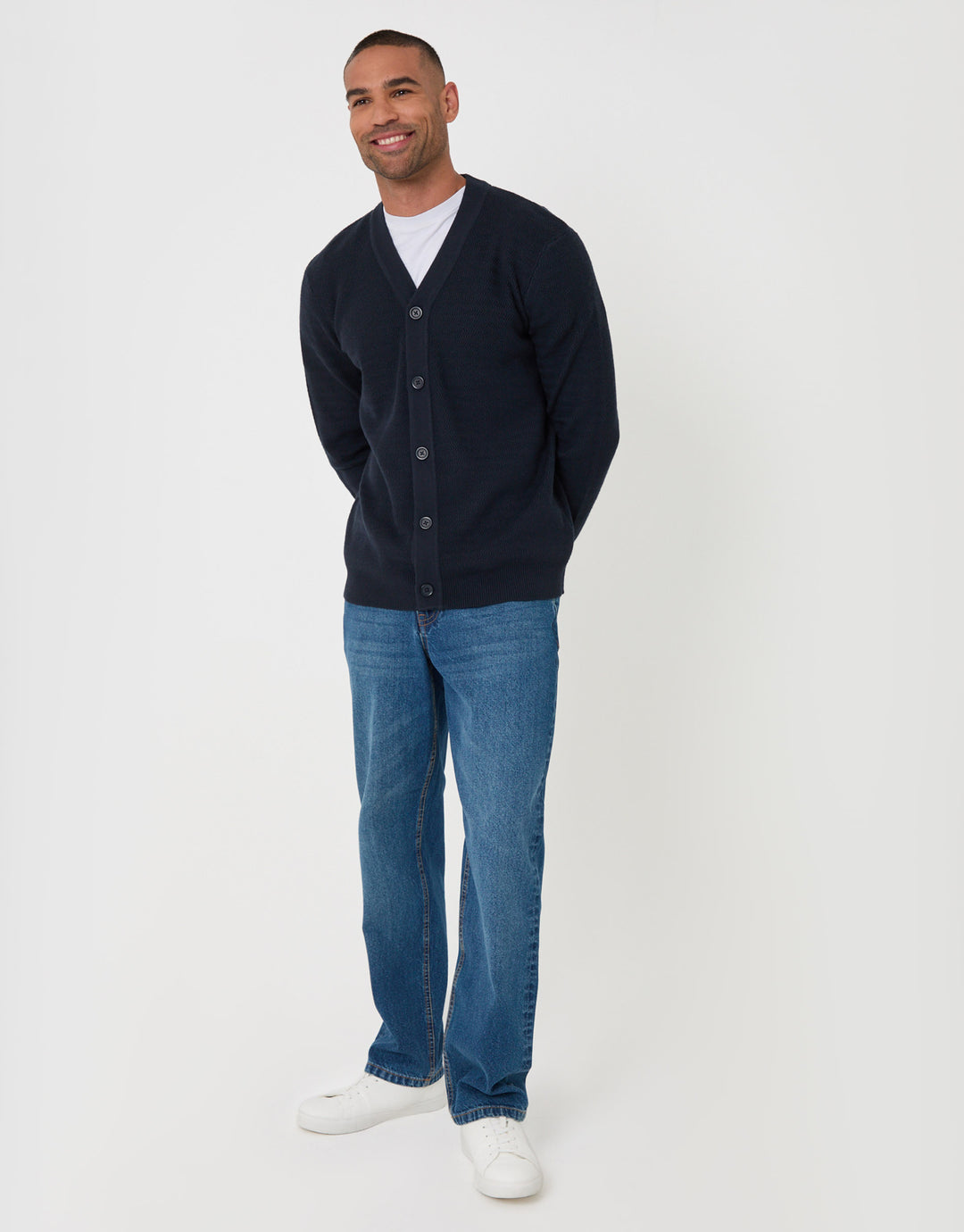 Zig Zag Knit V Neck Cardigan in Navy