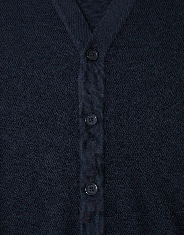 Zig Zag Knit V Neck Cardigan in Navy