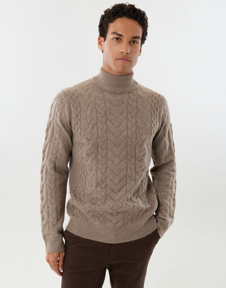 Cable Knit Roll Neck Jumper in Taupe
