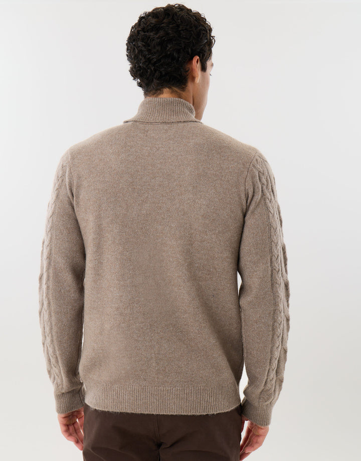 Cable Knit Roll Neck Jumper in Taupe