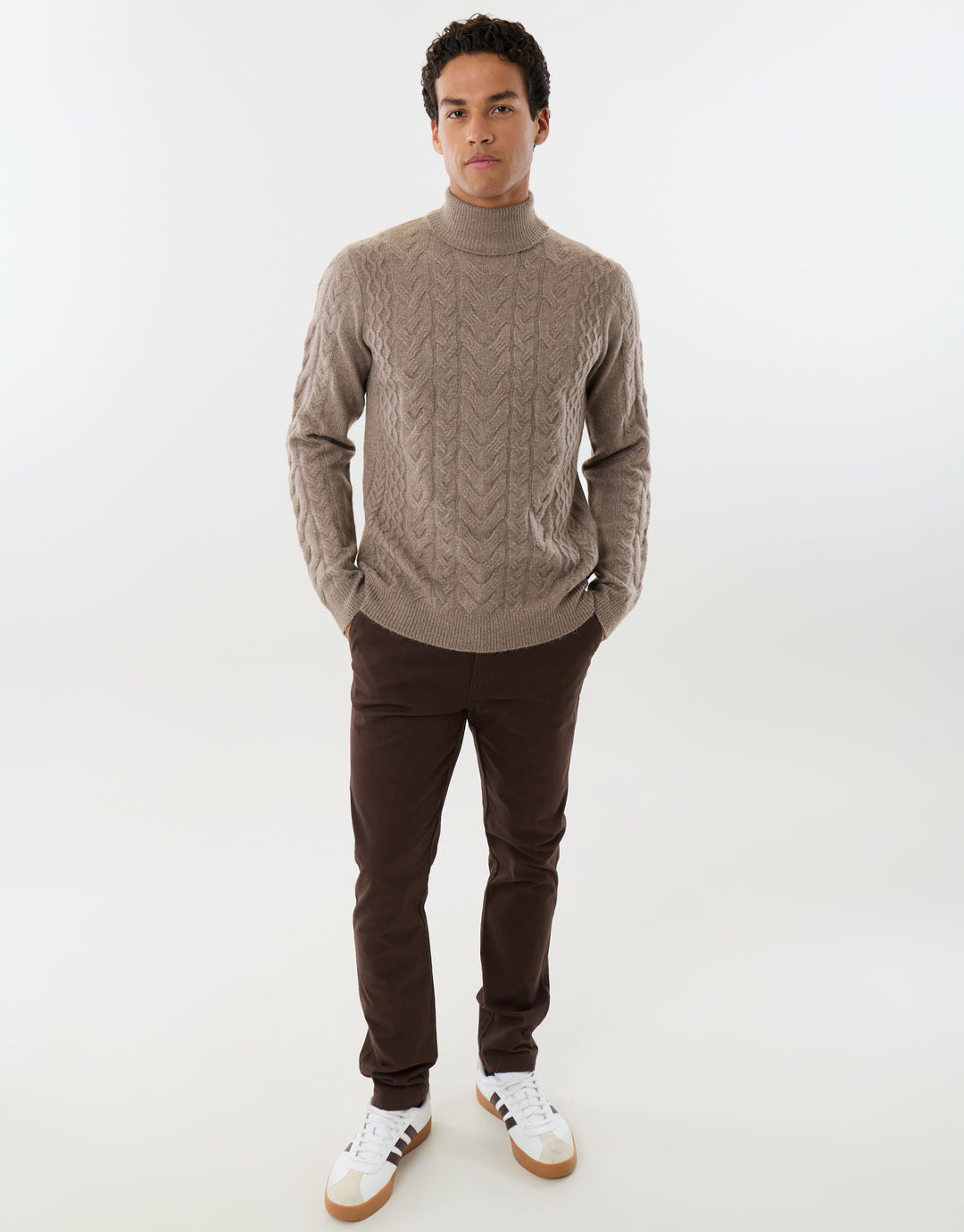 Cable Knit Roll Neck Jumper in Taupe