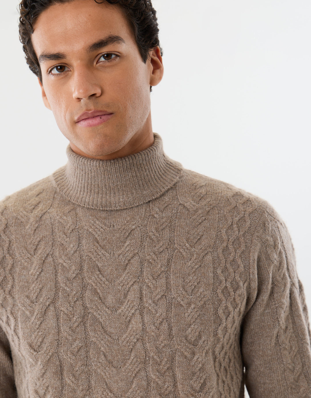 Cable Knit Roll Neck Jumper in Taupe