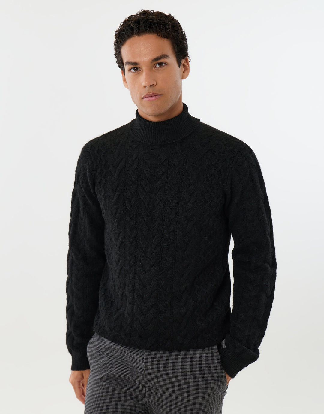 Cable Knit Roll Neck Jumper in Black