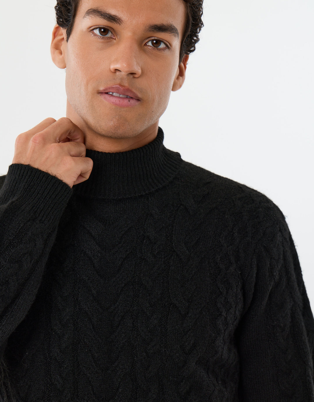 Cable Knit Roll Neck Jumper in Black