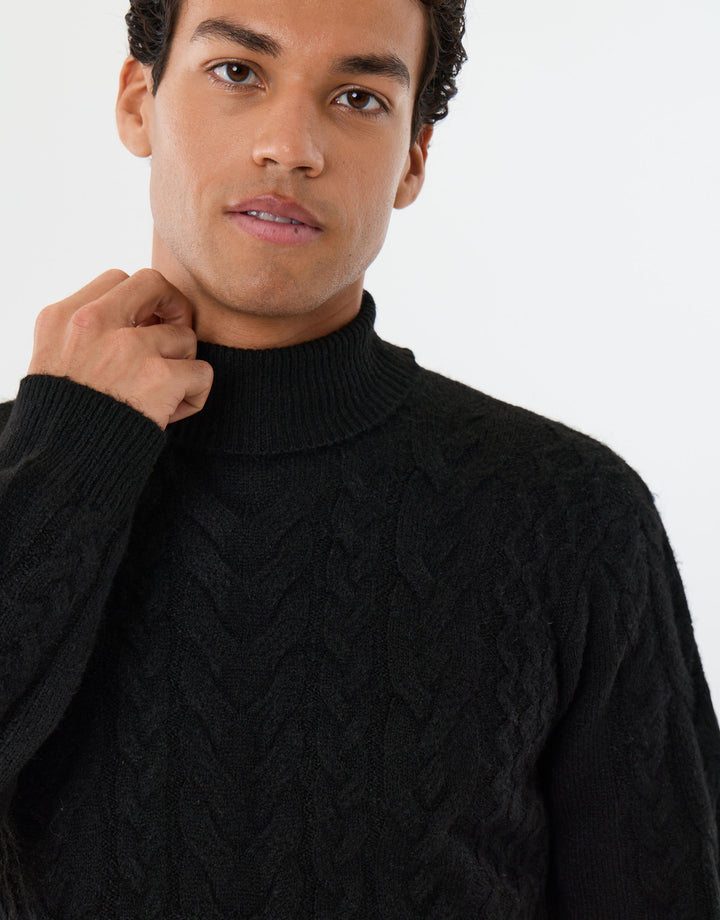 Cable Knit Roll Neck Jumper in Black