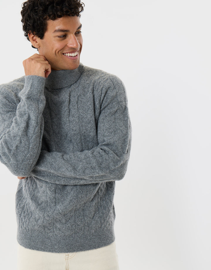 Cable Knit Roll Neck Jumper in Grey