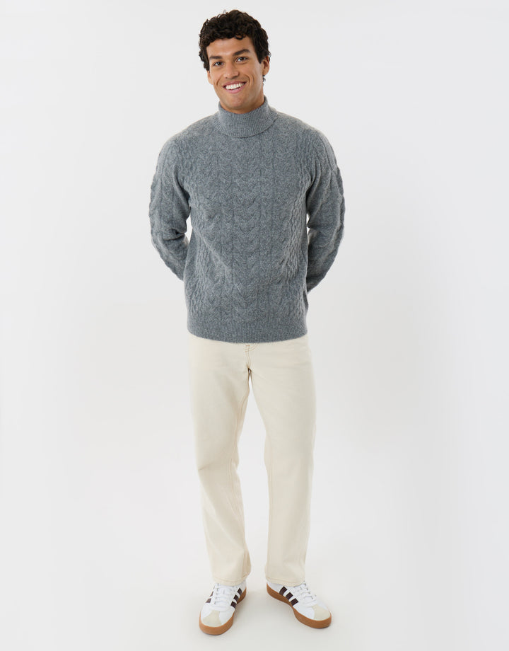 Cable Knit Roll Neck Jumper in Grey