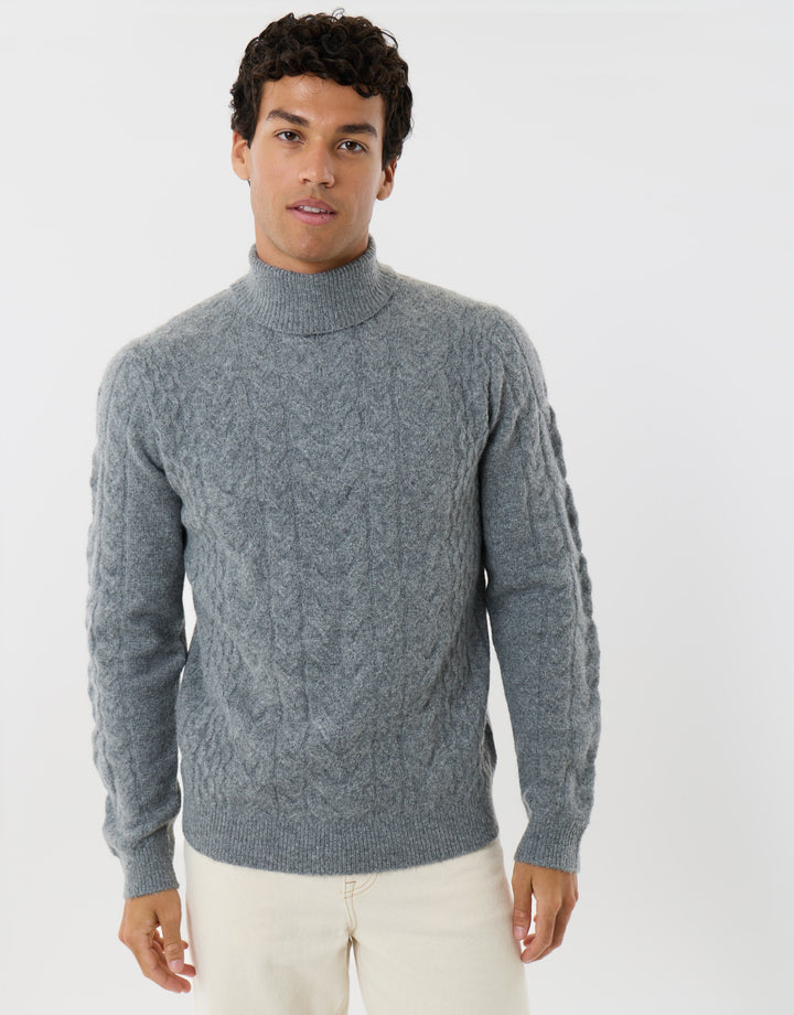 Cable Knit Roll Neck Jumper in Grey