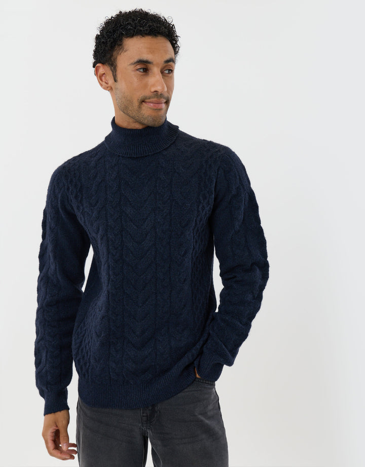 Cable Knit Roll Neck Jumper in Navy