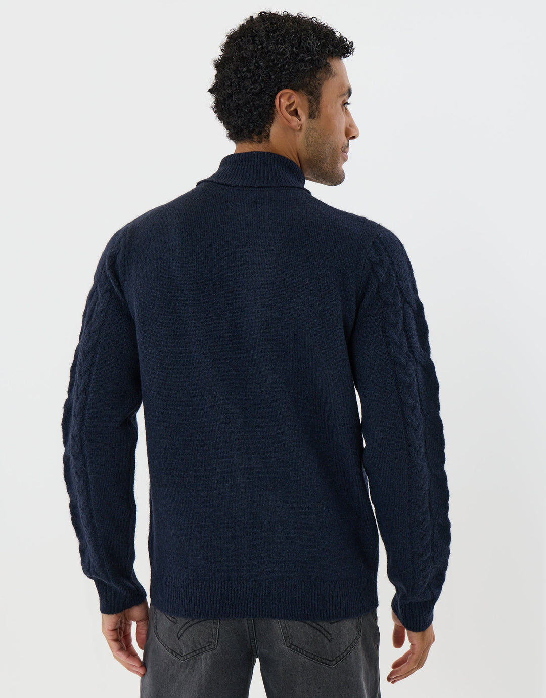 Cable Knit Roll Neck Jumper in Navy