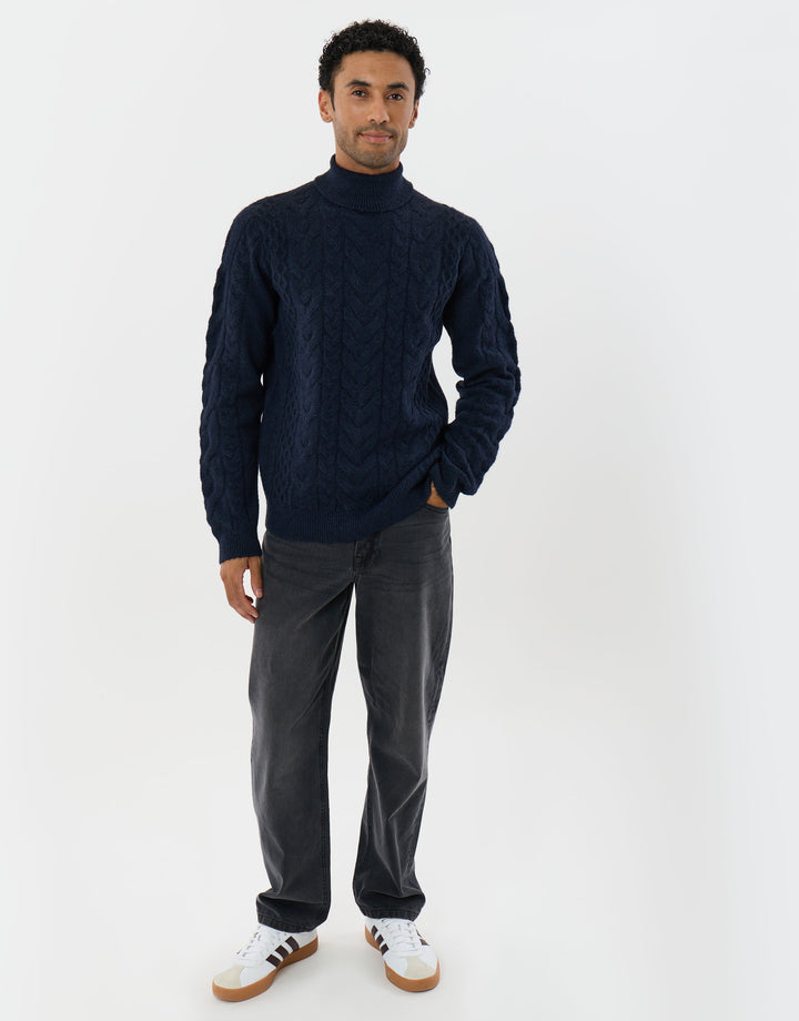 Cable Knit Roll Neck Jumper in Navy