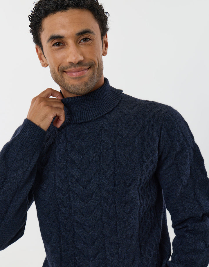 Cable Knit Roll Neck Jumper in Navy