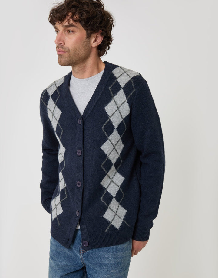 Argyle V Neck Cardigan in Navy