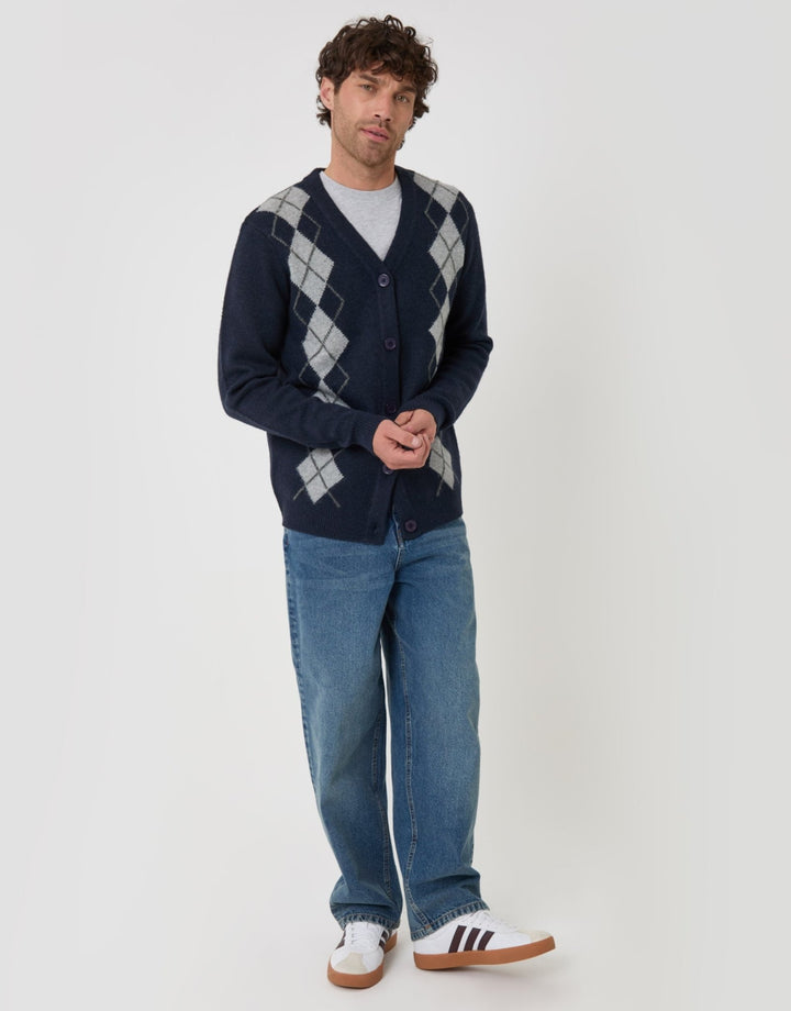 Argyle V Neck Cardigan in Navy